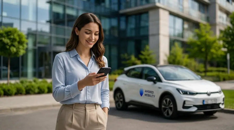 Tenant using the Shared Mobility app next to the branded car